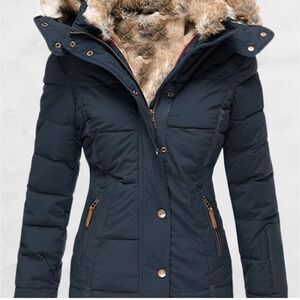 Zara basic Faux Fur Women's Hooded‎ Puffer Jacket Navy M Gently Used